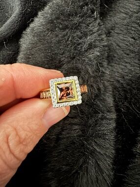 Fashion Jewelry Square-Cut Brown Gemstone Ring with Gold and Silver Tones